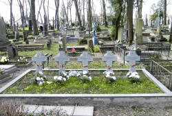 Karių savanorių kapas Radviliškio kapinėse. Čia palaidoto kretingiškio Stepono Vinkaus (Vinkos) kryžius antras iš dešinės.